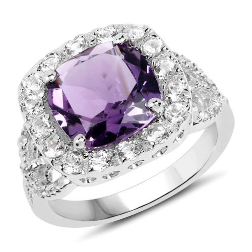 Amethyst-4.32 Carat Genuine Amethyst and White Topaz .925 Sterling Silver Ring