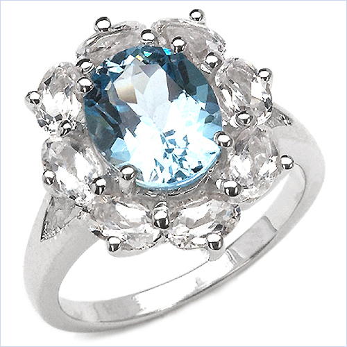 Rings-4.79 Carat Genuine Blue Topaz and White Topaz .925 Sterling Silver Ring