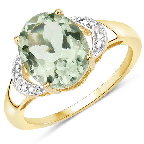 Amethyst-14K Yellow Gold Plated 3.16 Carat Genuine Green Amethyst and White Diamond .925 Sterling Silver Ring