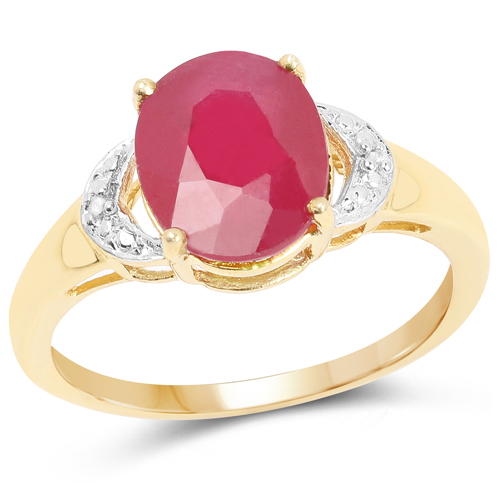 Ruby-14K Yellow Gold Plated 4.01 Carat Glass Filled Ruby and White Diamond .925 Sterling Silver Ring