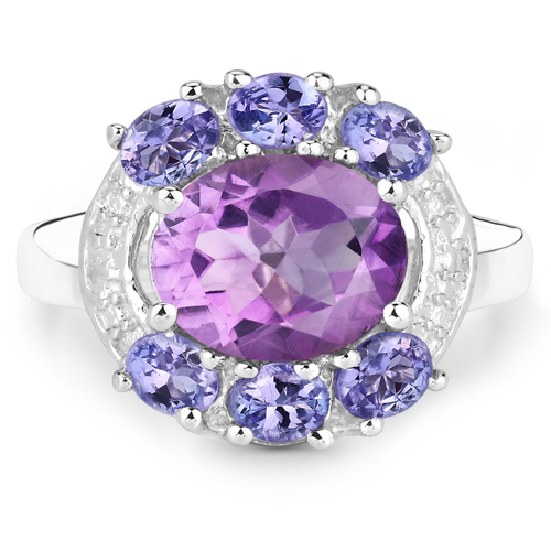 3.17 Carat Genuine Amethyst and Tanzanite .925 Sterling Silver Ring