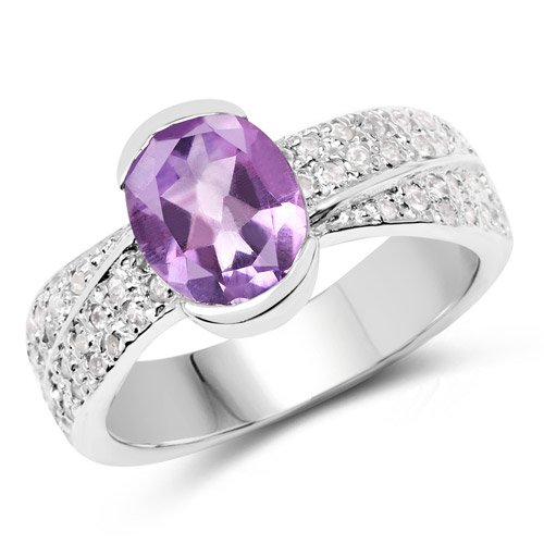 Amethyst-2.04 Carat Genuine Amethyst and White Topaz .925 Sterling Silver Ring
