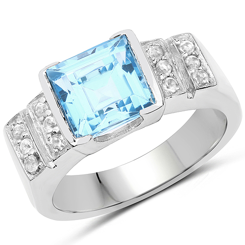 Rings-3.26 Carat Genuine Blue Topaz and White Topaz .925 Sterling Silver Ring