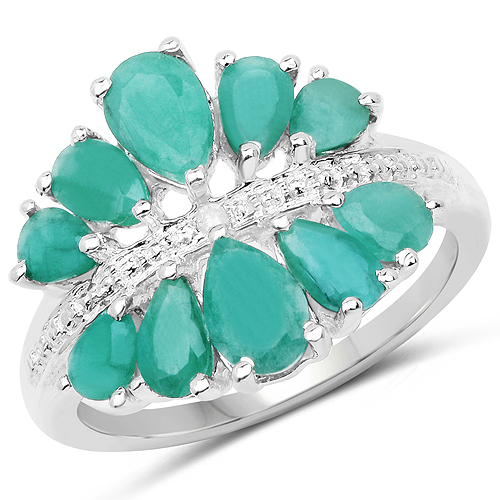 Emerald-2.21 Carat Genuine Emerald and White Diamond .925 Sterling Silver Ring