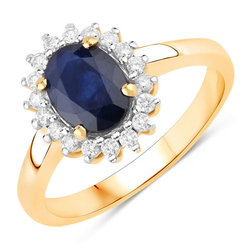 Sapphire-1.73 Carat Genuine Blue Sapphire and White Diamond 14K Yellow Gold Ring