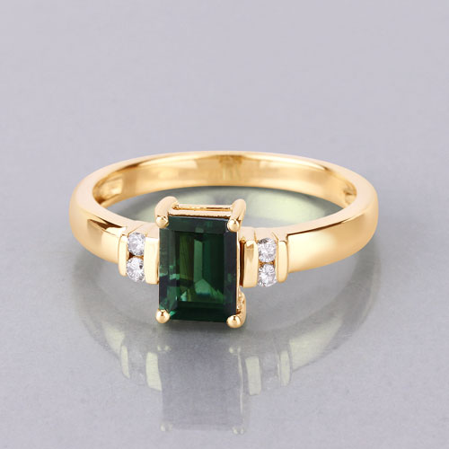 1.14 Carat Genuine Green Tourmaline and White Diamond 14K Yellow Gold Ring