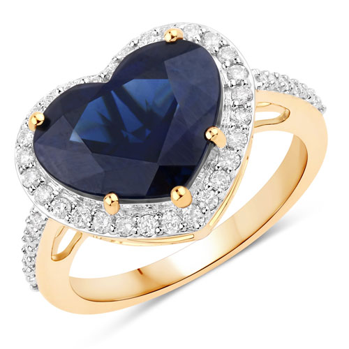 Sapphire-5.57 Carat Genuine Blue Sapphire and White Diamond 14K Yellow Gold Ring