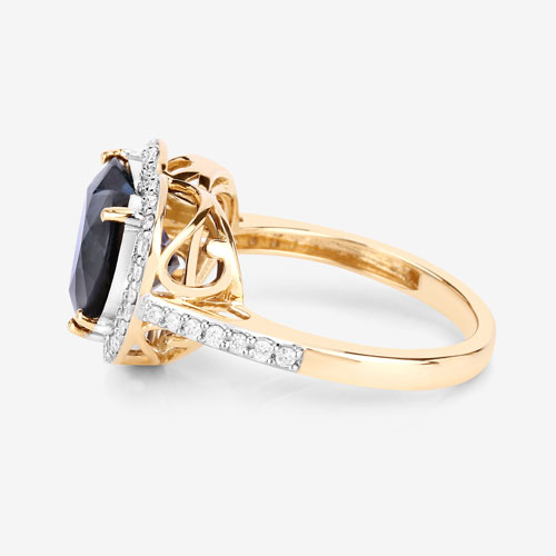 5.57 Carat Genuine Blue Sapphire and White Diamond 14K Yellow Gold Ring