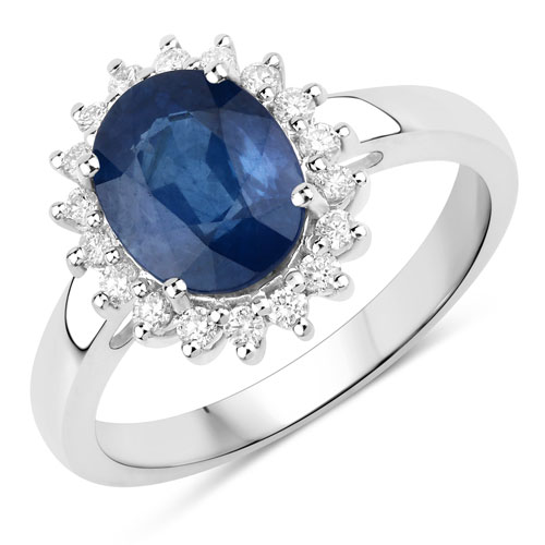Sapphire-2.51 Carat Genuine Blue Sapphire and White Diamond 14K White Gold Ring