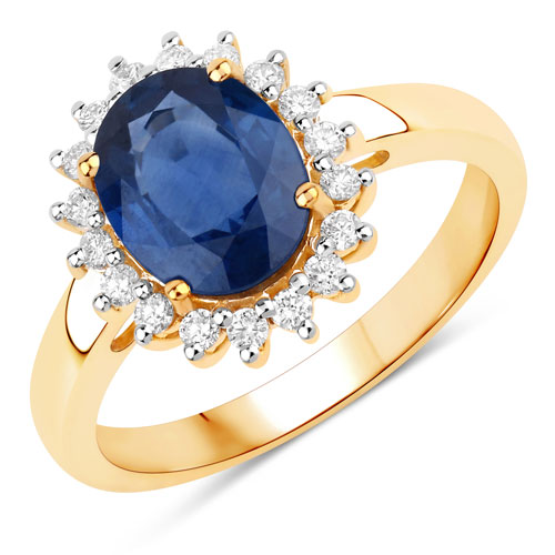 Sapphire-2.51 Carat Genuine Blue Sapphire and White Diamond 14K Yellow Gold Ring