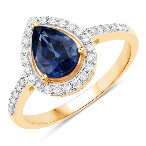 Sapphire-1.71 Carat Genuine Blue Sapphire and White Diamond 14K Yellow Gold Ring