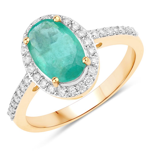 Emerald-1.78 Carat Genuine Zambian Emerald and White Diamond 14K Yellow Gold Ring