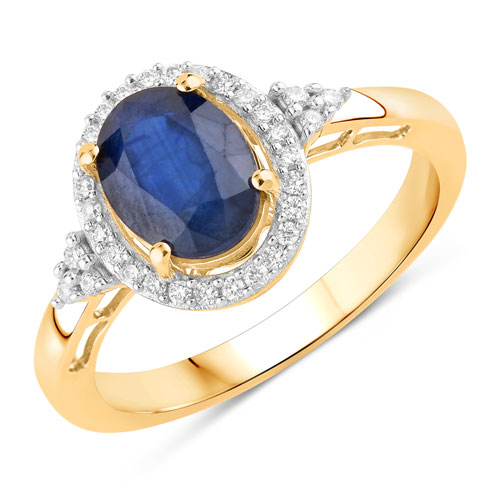 Sapphire-1.70 Carat Genuine Blue Sapphire and White Diamond 14K Yellow Gold Ring