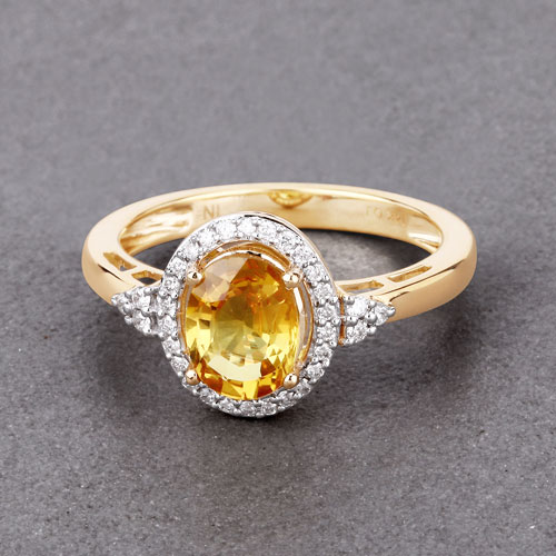 1.77 Carat Genuine Yellow Sapphire and White Diamond 14K Yellow Gold Ring