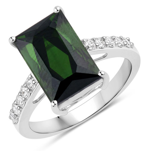 Rings-6.16 Carat Genuine Green Tourmaline and White Diamond 14K White Gold Ring