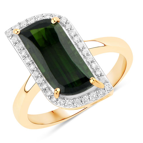 Rings-3.73 Carat Genuine Green Tourmaline and White Diamond 14K Yellow Gold Ring