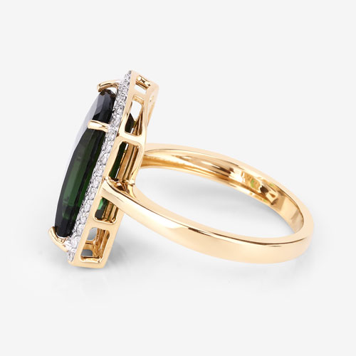 3.73 Carat Genuine Green Tourmaline and White Diamond 14K Yellow Gold Ring