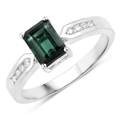 Rings-1.19 Carat Genuine Green Tourmaline and White Diamond 14K White Gold Ring