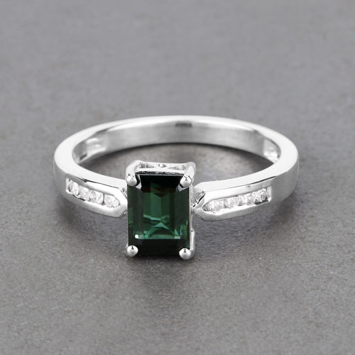 1.19 Carat Genuine Green Tourmaline and White Diamond 14K White Gold Ring