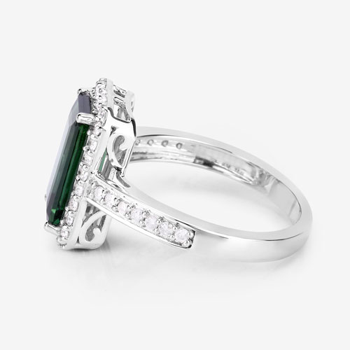 3.06 Carat Genuine Green Tourmaline and White Diamond 14K White Gold Ring