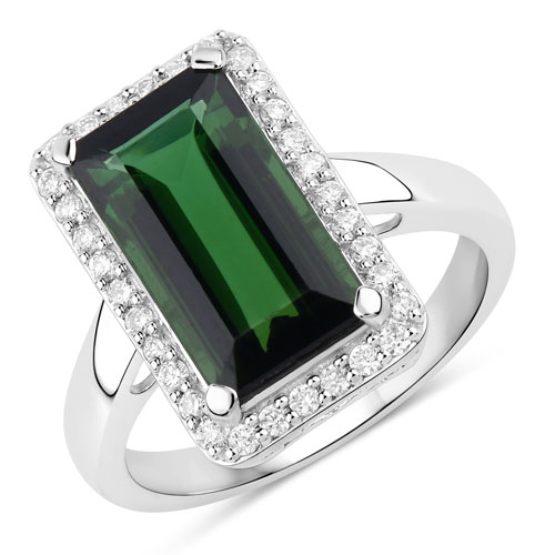 Rings-4.62 Carat Genuine Green Tourmaline and White Diamond 14K White Gold Ring