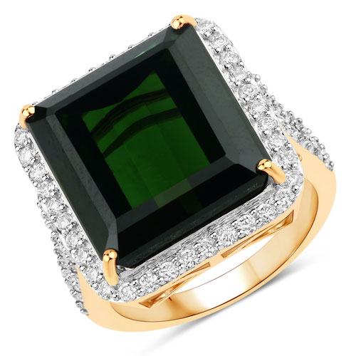 Rings-17.29 Carat Genuine Green Tourmaline and White Diamond 14K Yellow Gold Ring