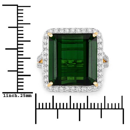 17.29 Carat Genuine Green Tourmaline and White Diamond 14K Yellow Gold Ring