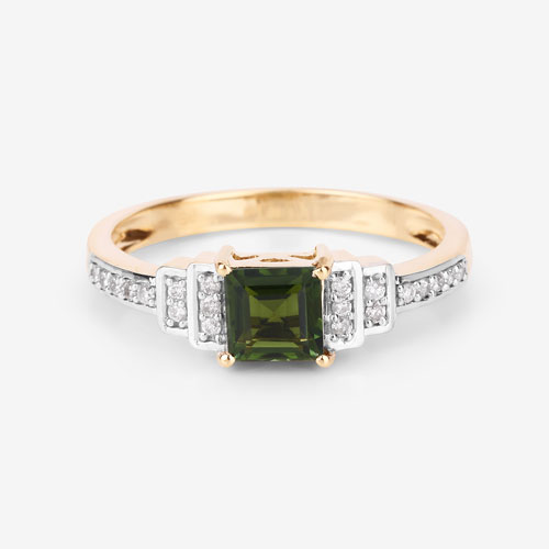 0.72 Carat Genuine Green Tourmaline and White Diamond 14K Yellow Gold Ring