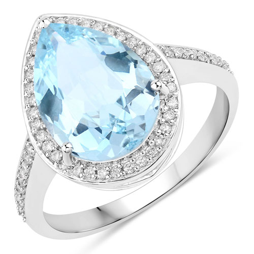 Rings-3.15 Carat Genuine Aquamarine And White Diamond 10K White Gold Ring