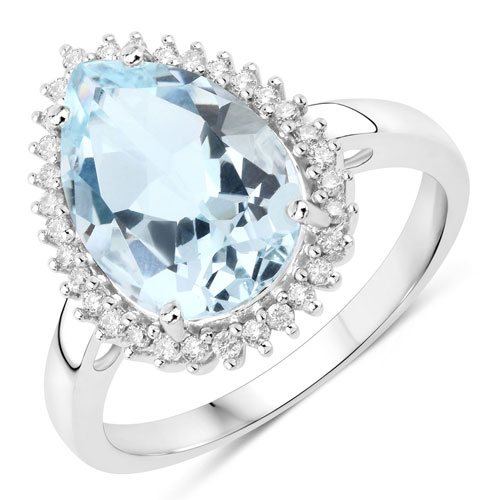 Rings-3.16 Carat Genuine Aquamarine And White Diamond 10K White Gold Ring