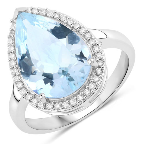 Rings-4.02 Carat Genuine Aquamarine And White Diamond 10K White Gold Ring