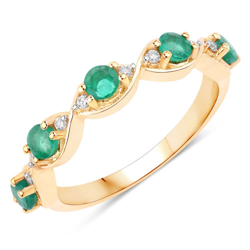 Emerald-0.58 Carat Genuine Zambian Emerald And White Diamond 10K Yellow Gold Ring