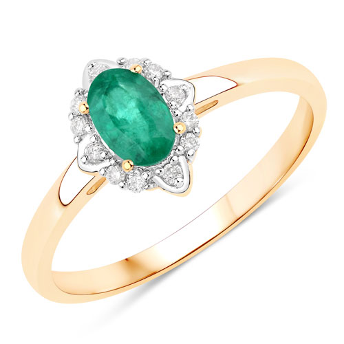 Emerald-0.51 Carat Genuine Zambian Emerald And White Diamond 10K Yellow Gold Ring