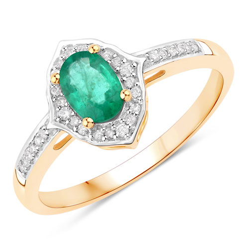 Emerald-0.54 Carat Genuine Zambian Emerald And White Diamond 10K Yellow Gold Ring