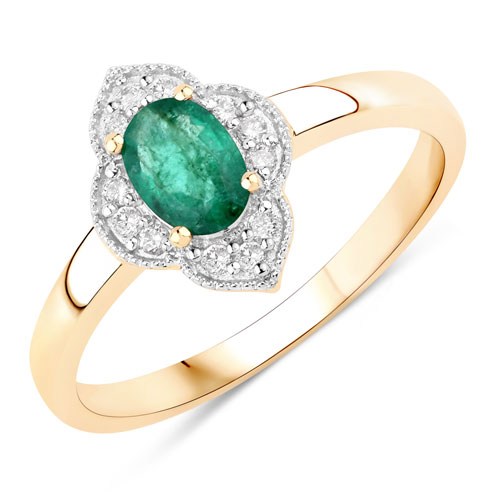 Emerald-0.54 Carat Genuine Zambian Emerald And White Diamond 10K Yellow Gold Ring