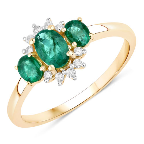 Emerald-0.84 Carat Genuine Zambian Emerald And White Diamond 10K Yellow Gold Ring