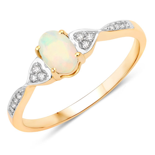 Opal-0.29 Carat Genuine Ethiopian Opal and White Diamond 10K Yellow Gold Ring