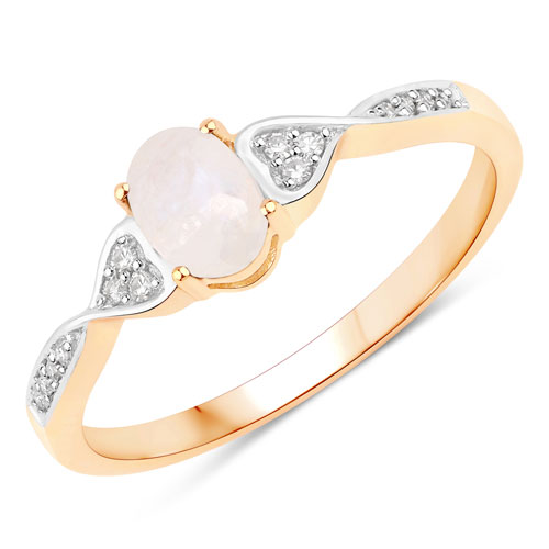 Rings-0.47 Carat Genuine White Rainbow Moonstone and White Diamond 10K Yellow Gold Ring