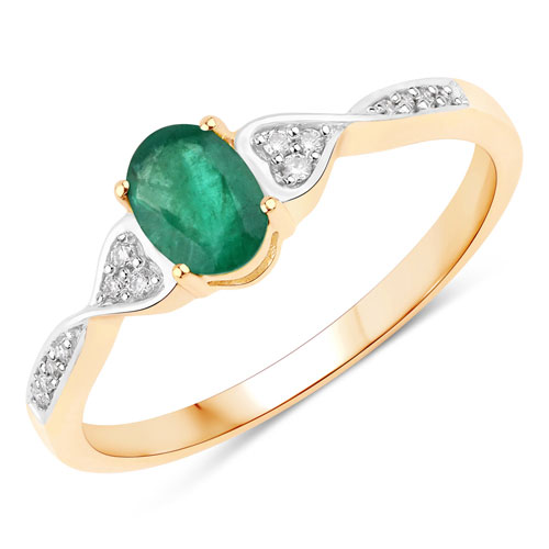 Emerald-0.49 Carat Genuine Zambian Emerald And White Diamond 10K Yellow Gold Ring