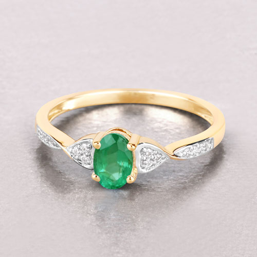 0.49 Carat Genuine Zambian Emerald and White Diamond 10K Yellow Gold Ring