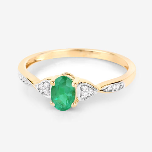 0.49 Carat Genuine Zambian Emerald and White Diamond 10K Yellow Gold Ring
