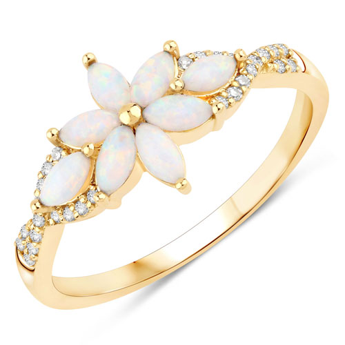 Opal-0.56 Carat Created Ethiopian Opal And White Diamond 10K Yellow Gold Ring