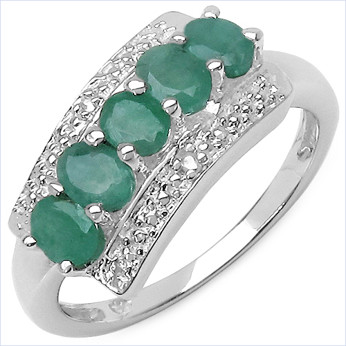 Emerald-0.81 Carat Genuine Emerald & White Diamond .925 Sterling Silver Ring