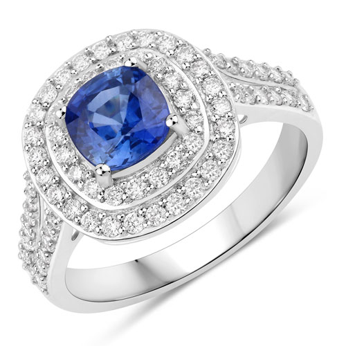 Sapphire-1.96 Carat Genuine Blue Sapphire and White Diamond 18K White Gold Ring