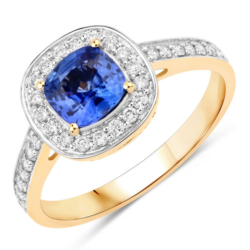 Sapphire-1.31 Carat Genuine Blue Sapphire and White Diamond 18K Yellow Gold Ring