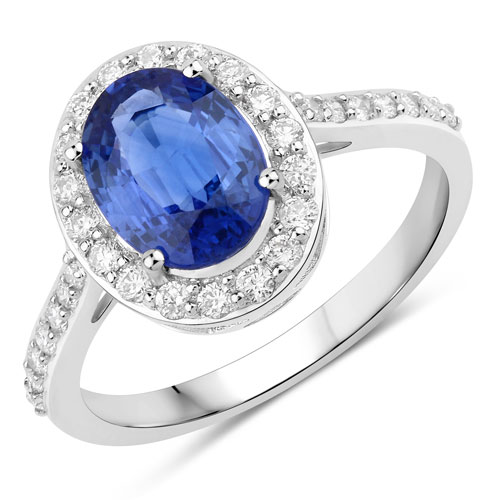 Sapphire-2.51 Carat Genuine Blue Sapphire and White Diamond 18K White Gold Ring
