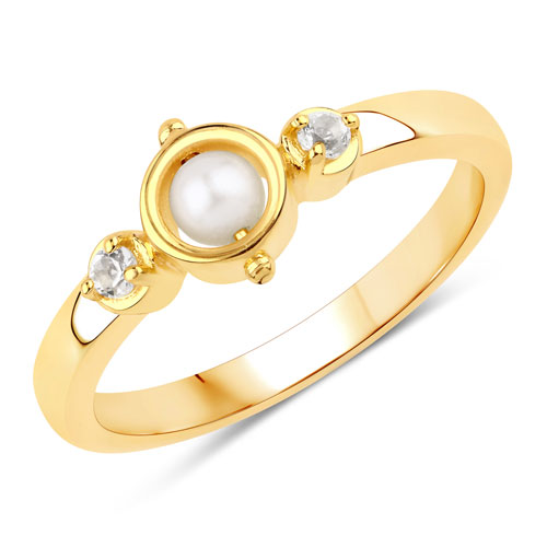 Pearl-0.68 Carat Genuine Pearl and White Topaz .925 Sterling Silver Ring