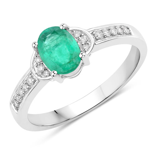 Emerald-0.82 Carat Genuine Zambian Emerald and White Diamond 10K White Gold Ring