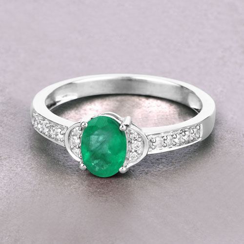 0.82 Carat Genuine Zambian Emerald and White Diamond 10K White Gold Ring