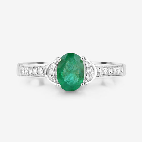 0.82 Carat Genuine Zambian Emerald and White Diamond 10K White Gold Ring